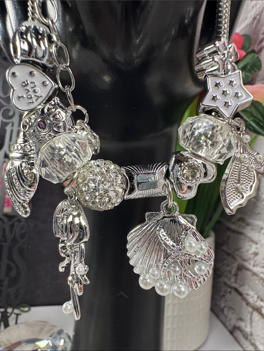 Silver Shell & Crystal Charm Bracelet - Women Jewelry